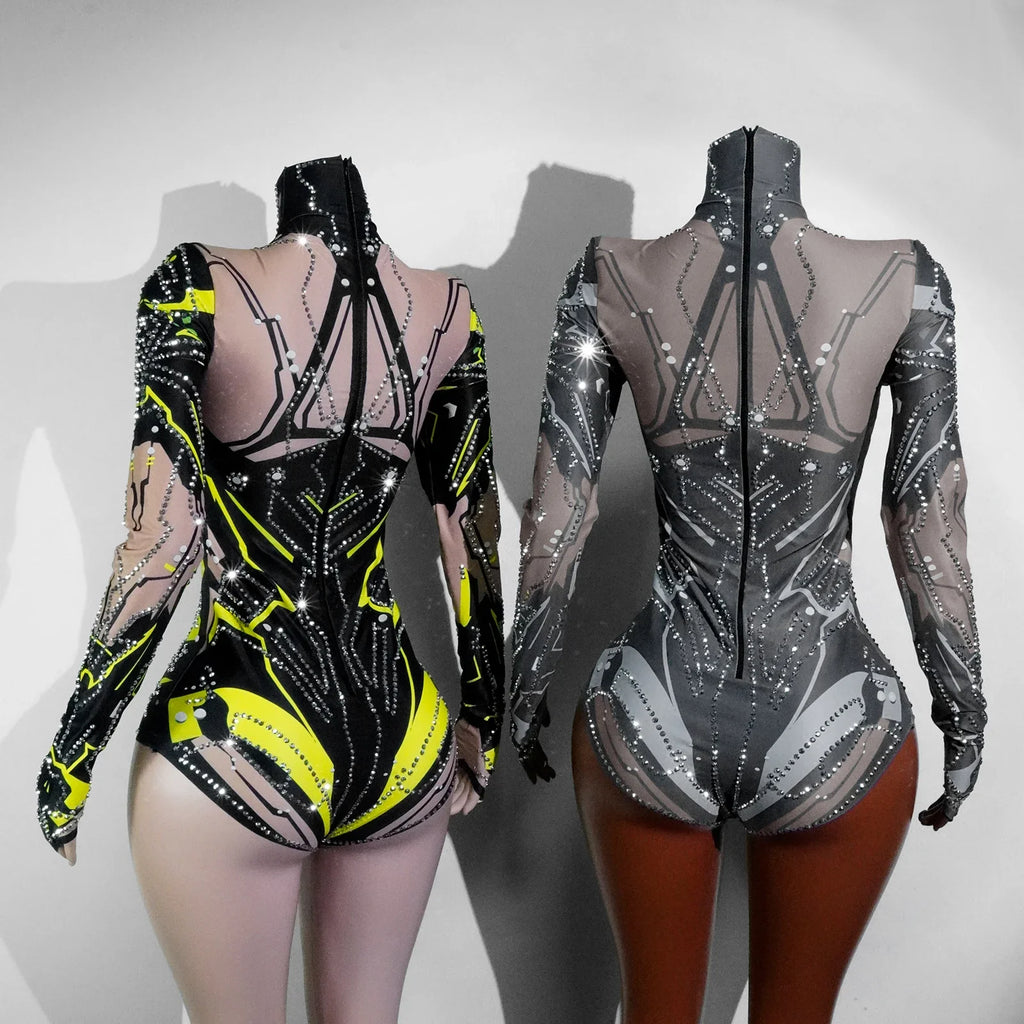 Futuristic Cyber Rhinestone Festival Bodysuit