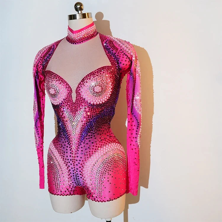 Pink Rhinestone Long-Sleeve Mesh Bodysuit | Stagewear