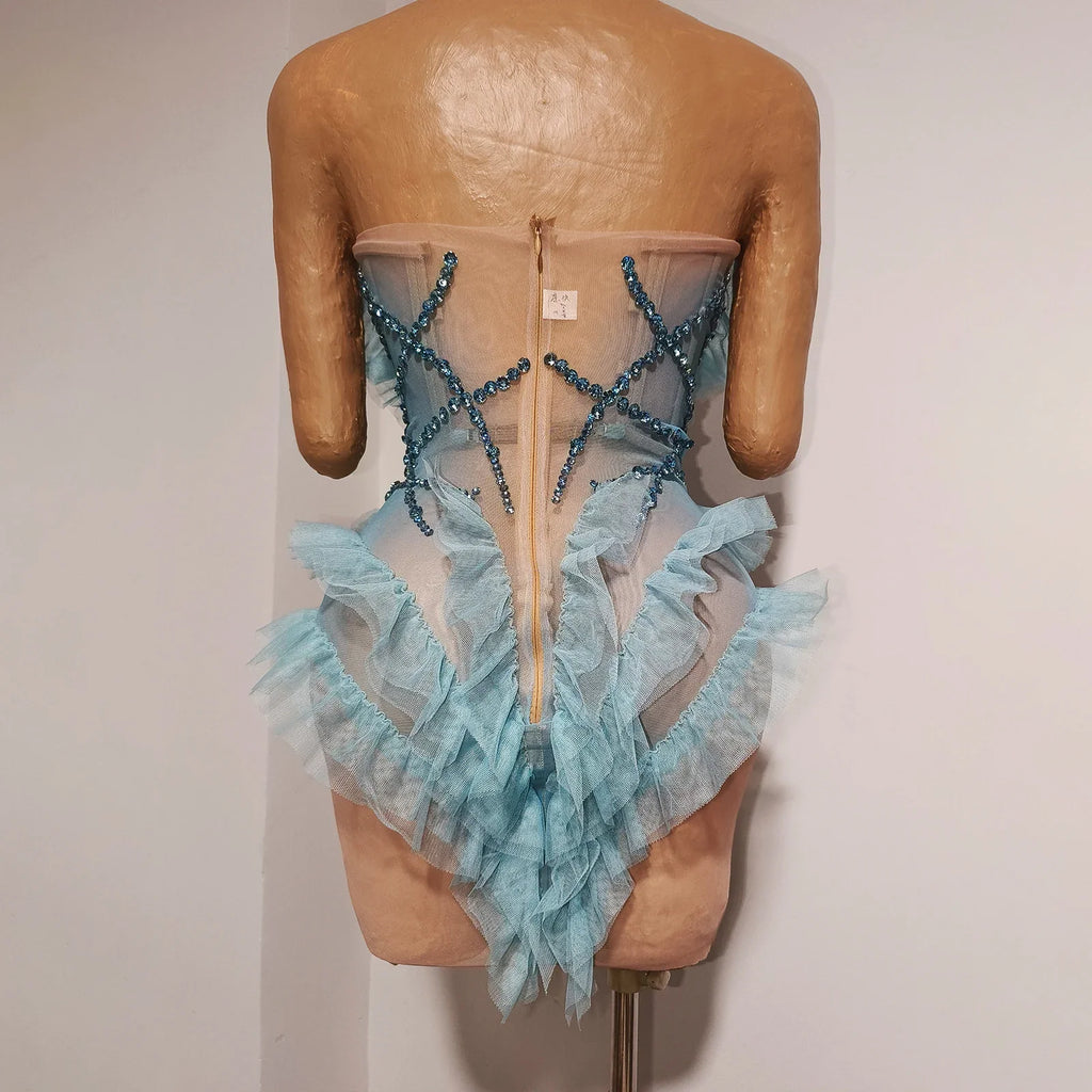 Blue Rhinestone Geometric Mini Dress | Sheer Party Dress
