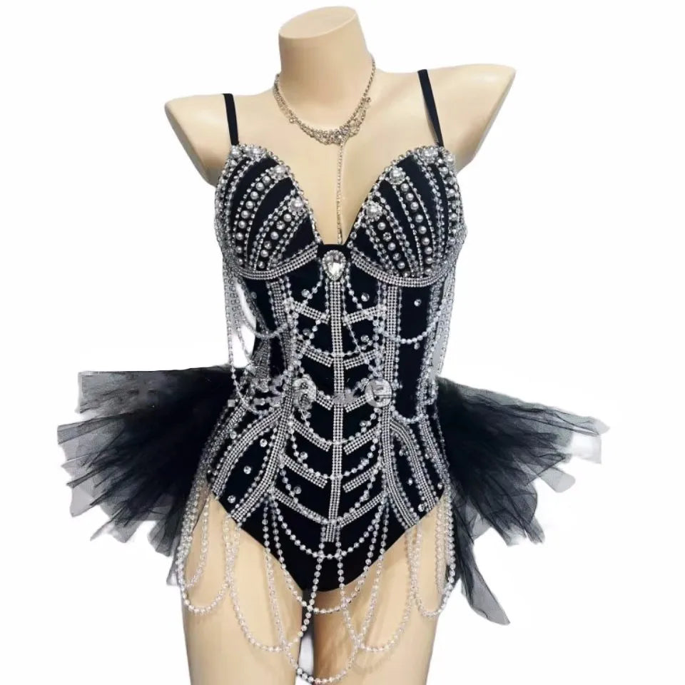 Black Beaded Chain Fringe Bodysuit | Stage Costume