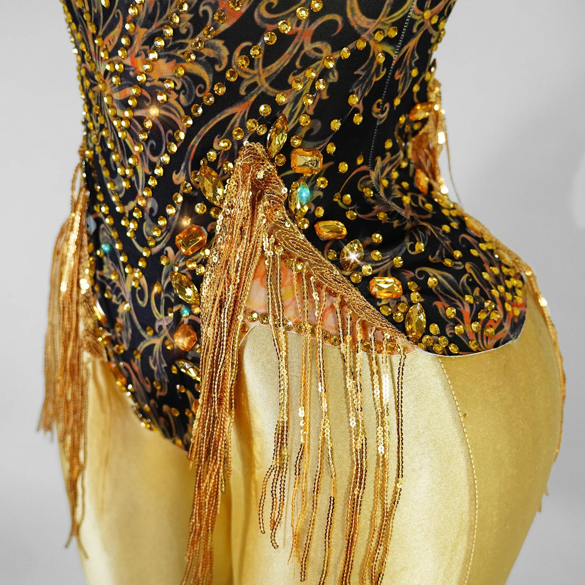 Gold Rhinestone Fringe Bodysuit | Latin Dance Costume
