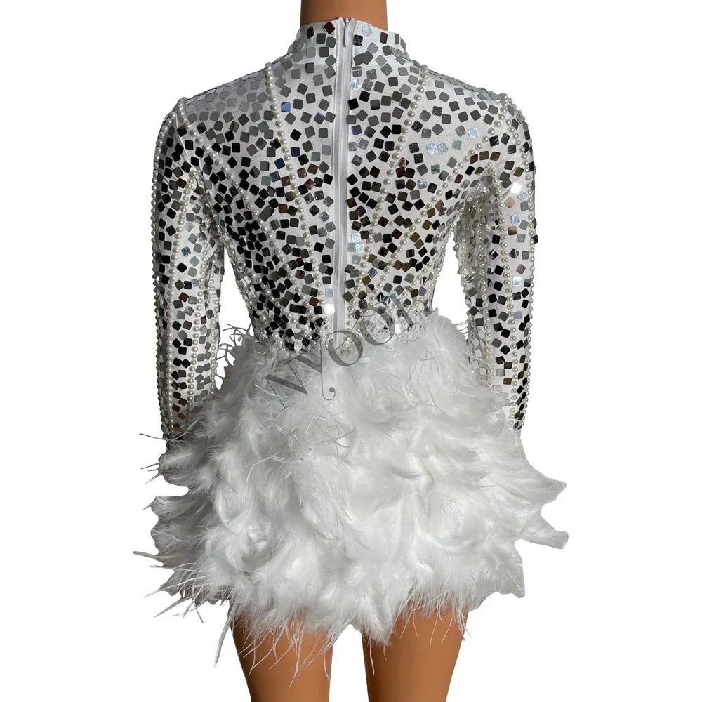 Silver Sequin Pearl & Feather Bodysuit Set