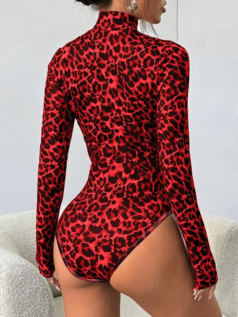 Leopard Print Cutout Long-Sleeve Bodysuit