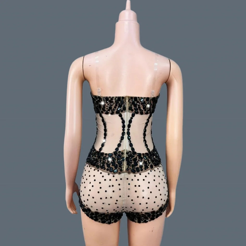 Black Crystal Mesh Rave Bodysuit