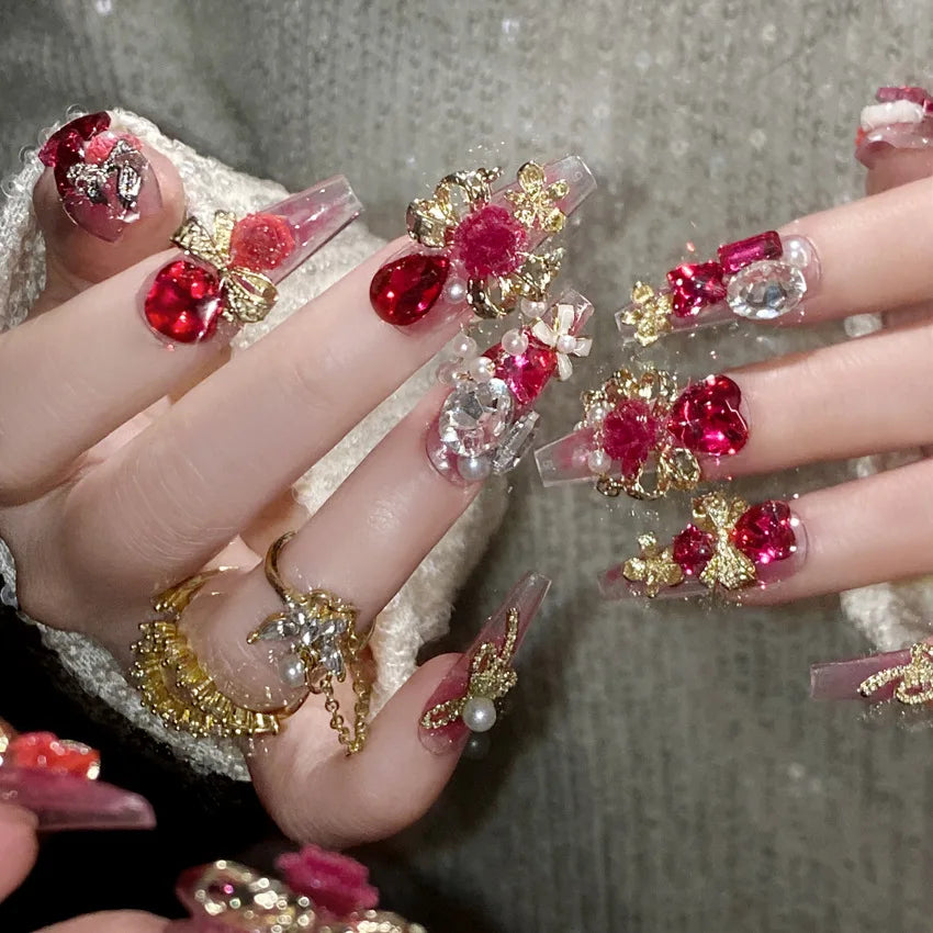 24pcs New Year Heavy Metal Press on Nails Chinese Bride Wedding Fake Nails Full Cover Wearable Shiny Large Crystal False Nails