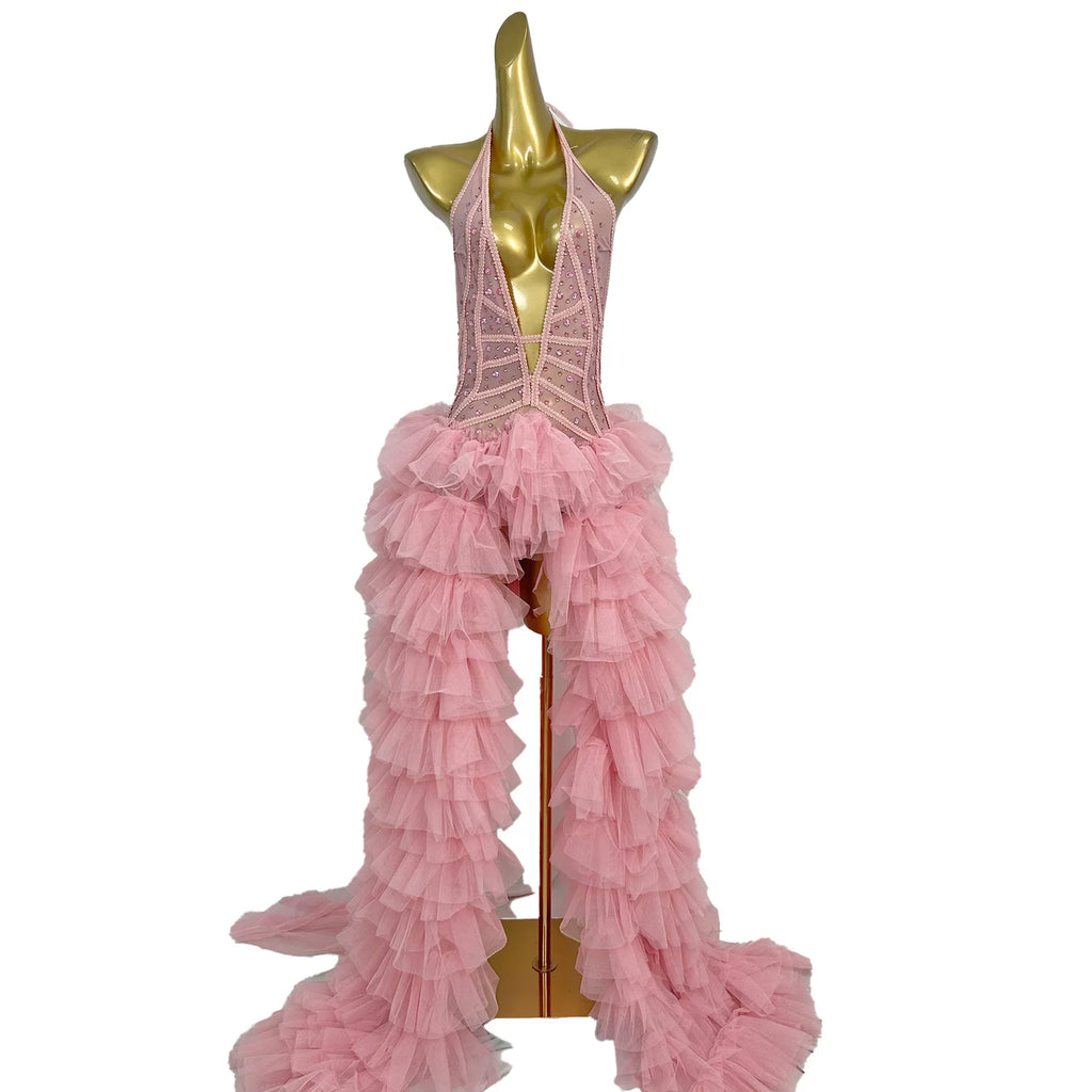 Pink Rhinestone Ruffle Statement Gown