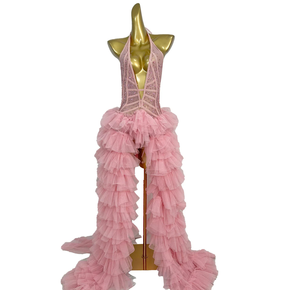 Pink Rhinestone Ruffle Statement Gown