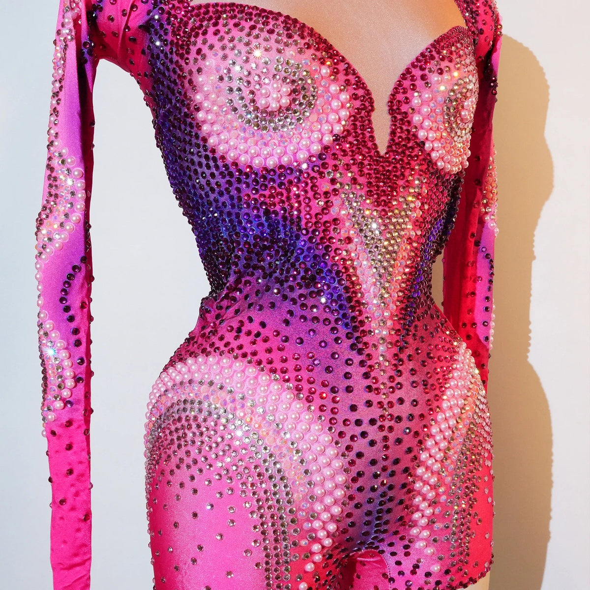 Pink Rhinestone Long-Sleeve Mesh Bodysuit | Stagewear