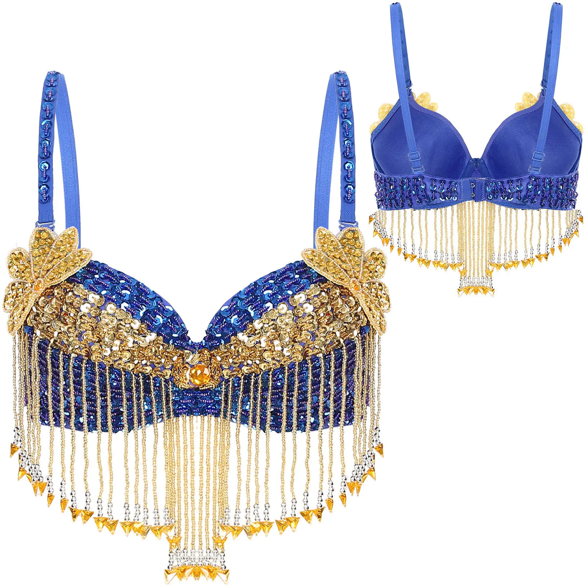 Sparkly Floral Beaded Sequin Belly Dance Bra & Tassel Performance Top