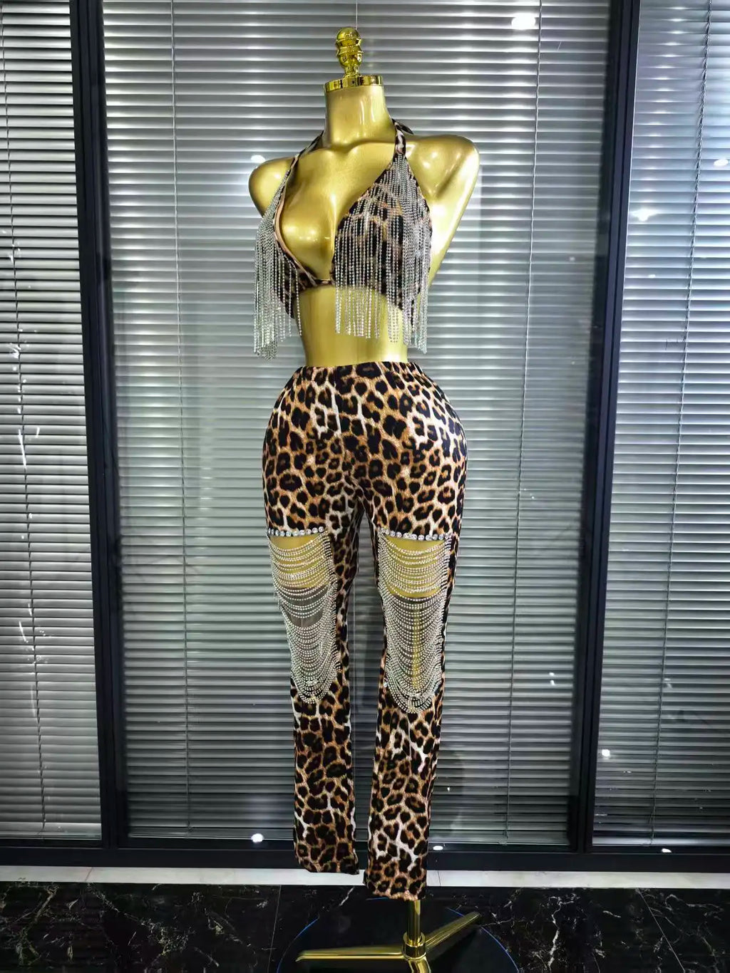 Leopard Print Rhinestone Two-Piece Bodycon Set