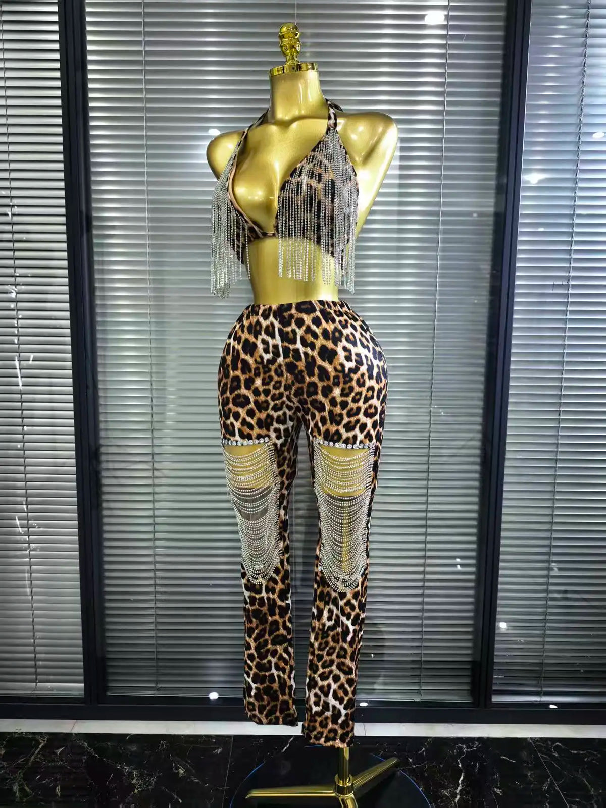 Leopard Print Rhinestone Two-Piece Bodycon Set