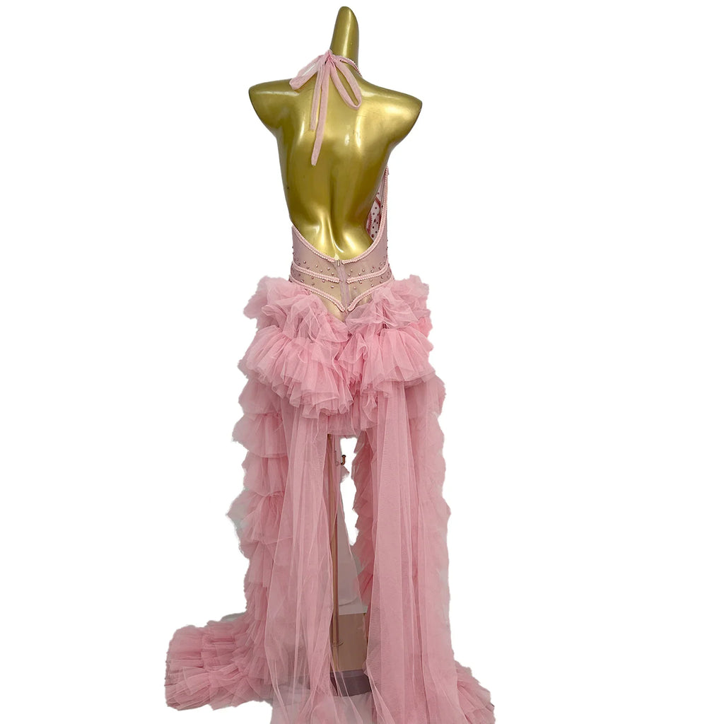 Pink Rhinestone Ruffle Statement Gown