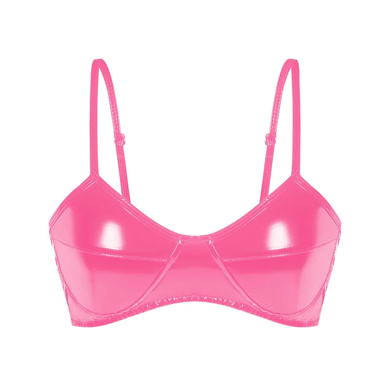 Shiny Faux Leather Halter Bustier Crop Top