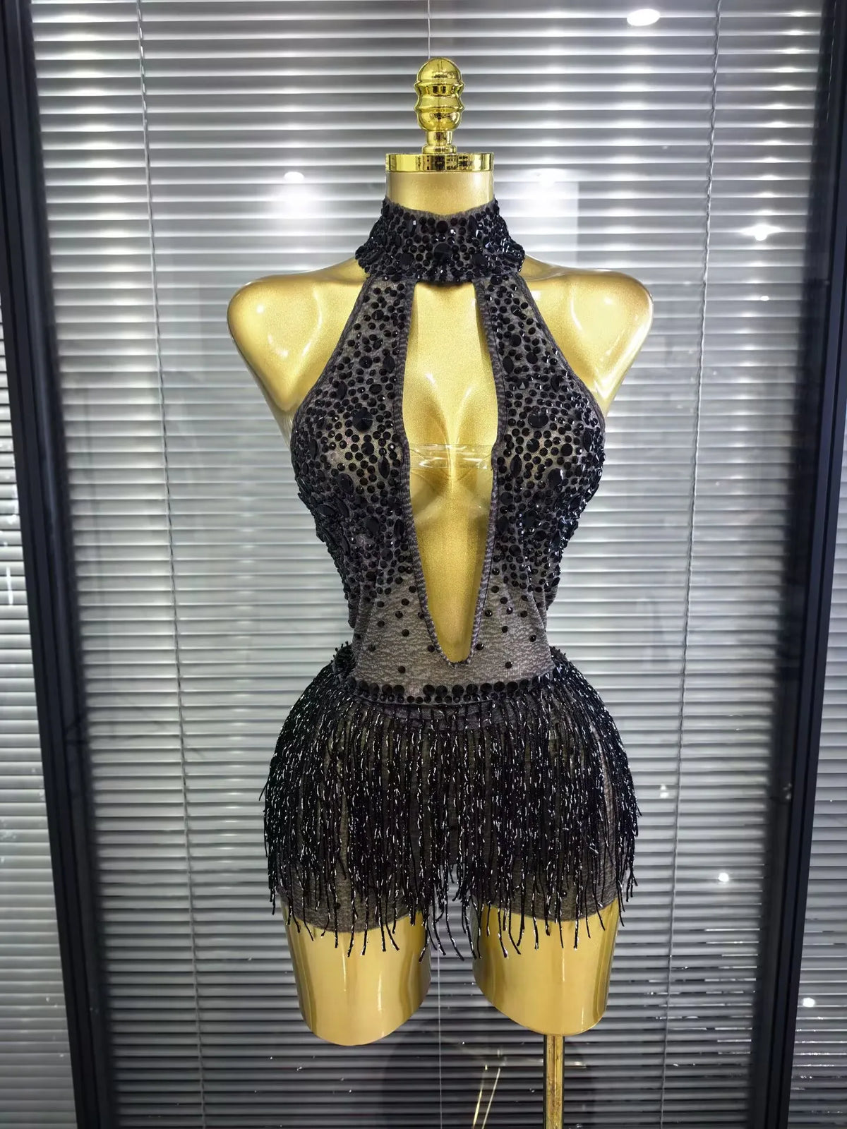 Black Sequin Fringe Mesh Bodysuit | Dance Costume
