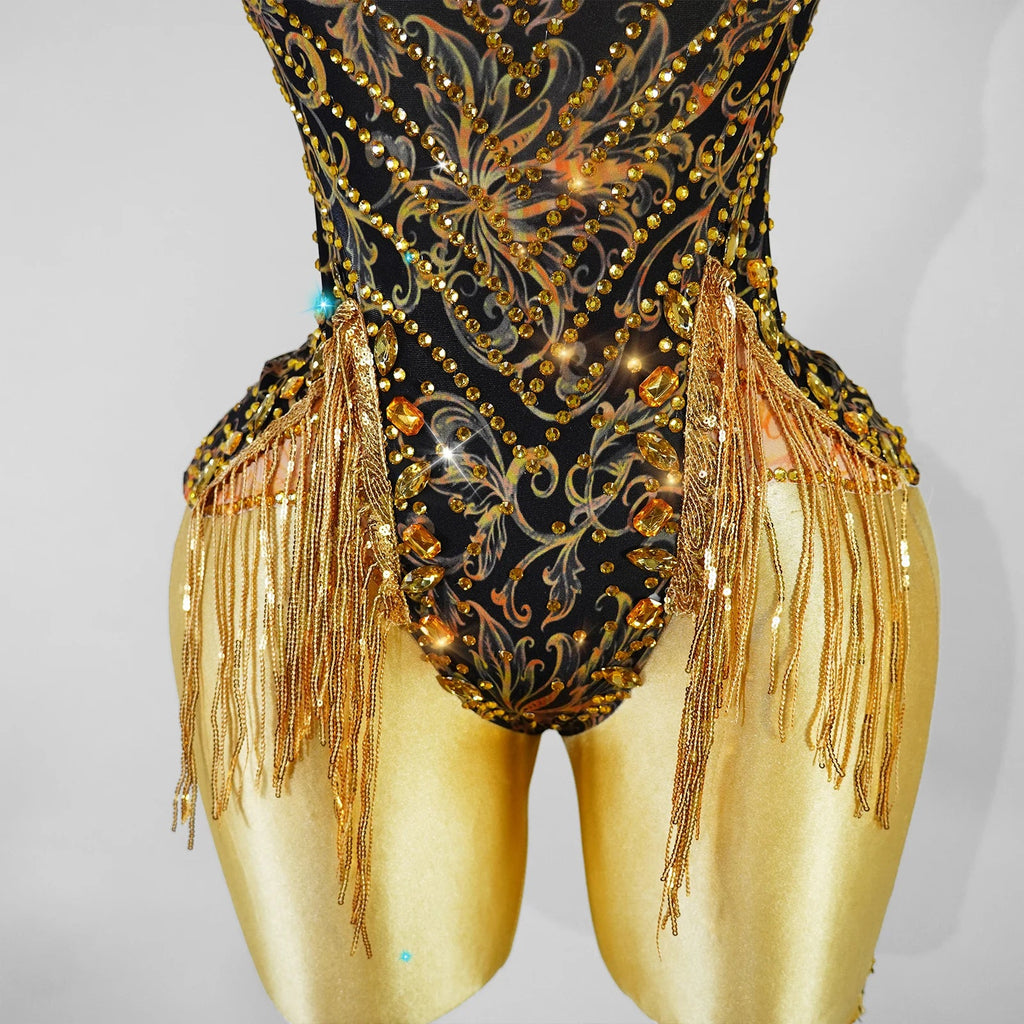 Gold Rhinestone Fringe Bodysuit | Latin Dance Costume