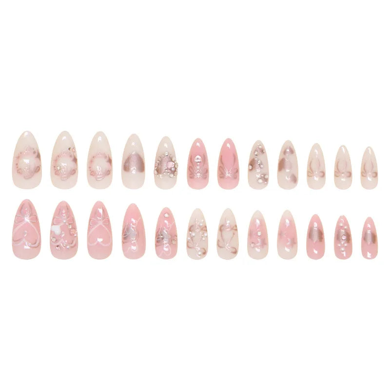Pink Bow & Pearl Press-On Nails | Almond Style