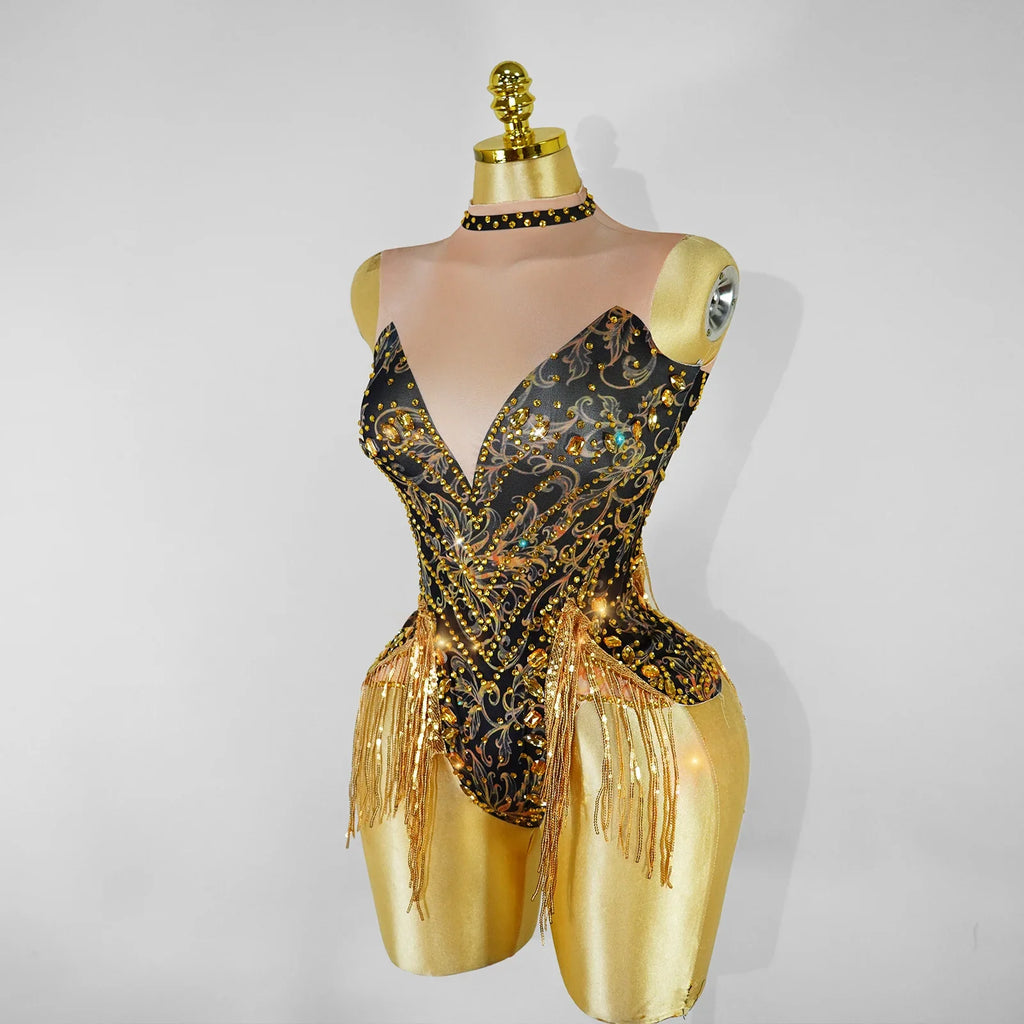 Gold Rhinestone Fringe Bodysuit | Latin Dance Costume