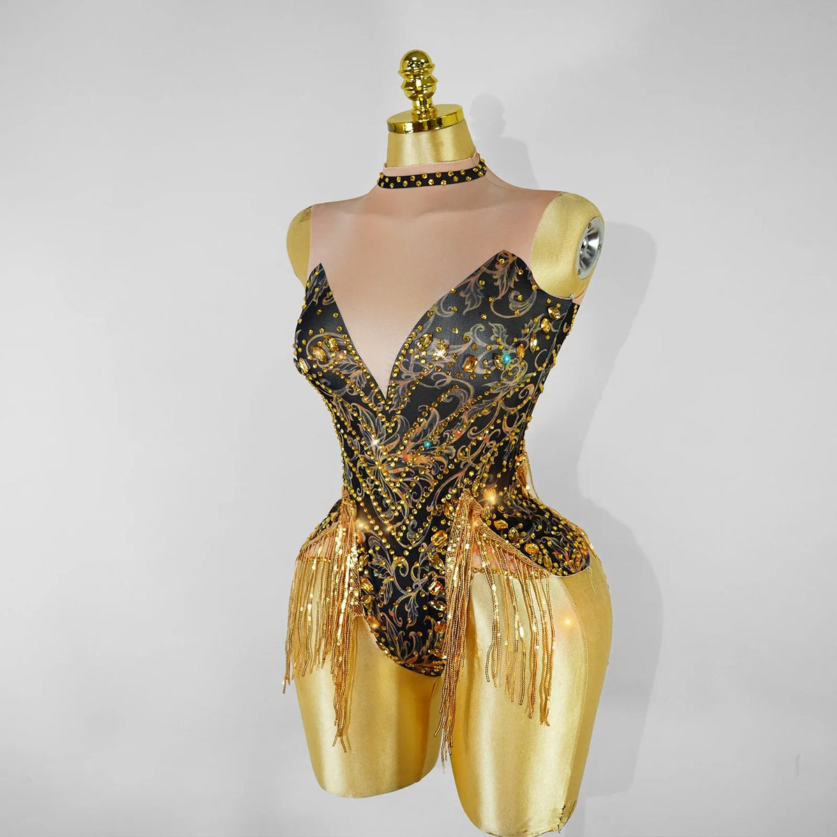 Gold Rhinestone Fringe Bodysuit | Latin Dance Costume
