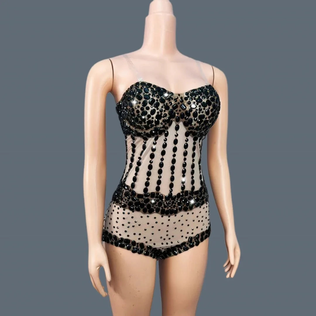 Black Crystal Mesh Rave Bodysuit