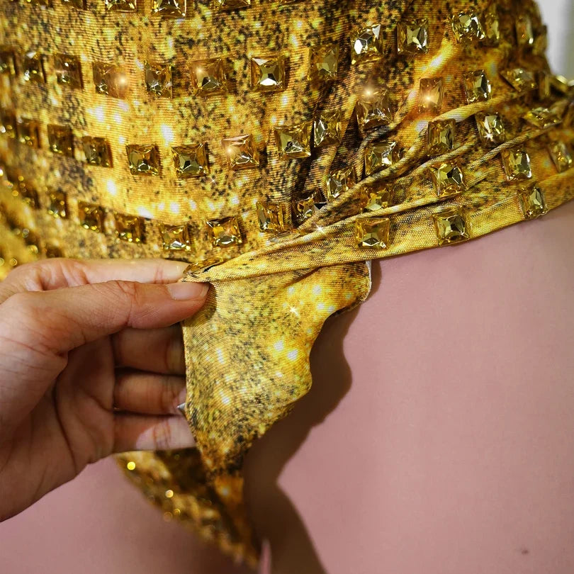 Gold Rhinestone Festival Bodysuit & Gloves Set