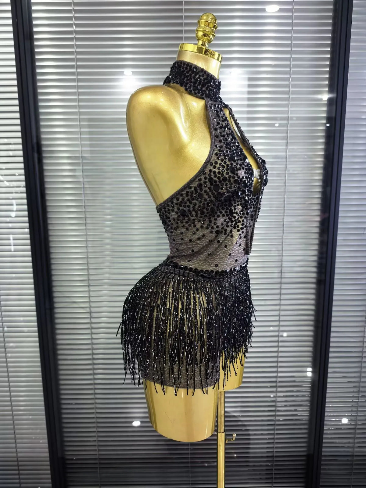 Black Sequin Fringe Mesh Bodysuit | Dance Costume
