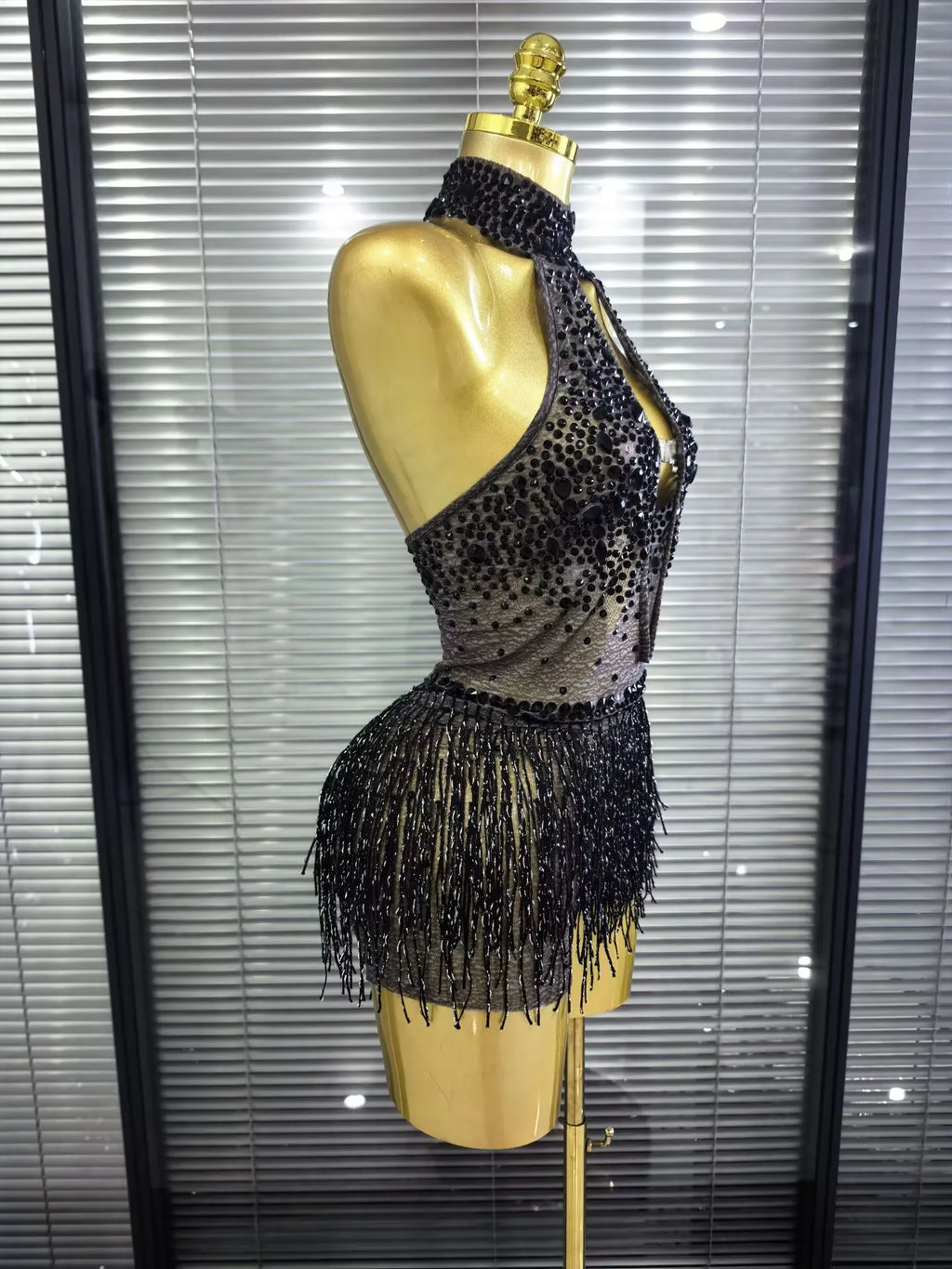 Black Sequin Fringe Mesh Bodysuit | Dance Costume