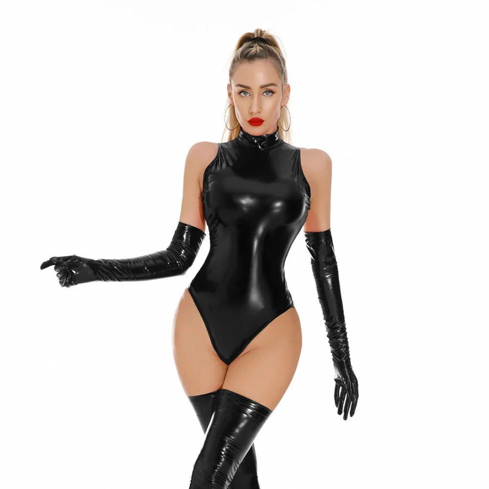 Glossy Faux-Leather Bodysuit, Gloves & Stockings Set