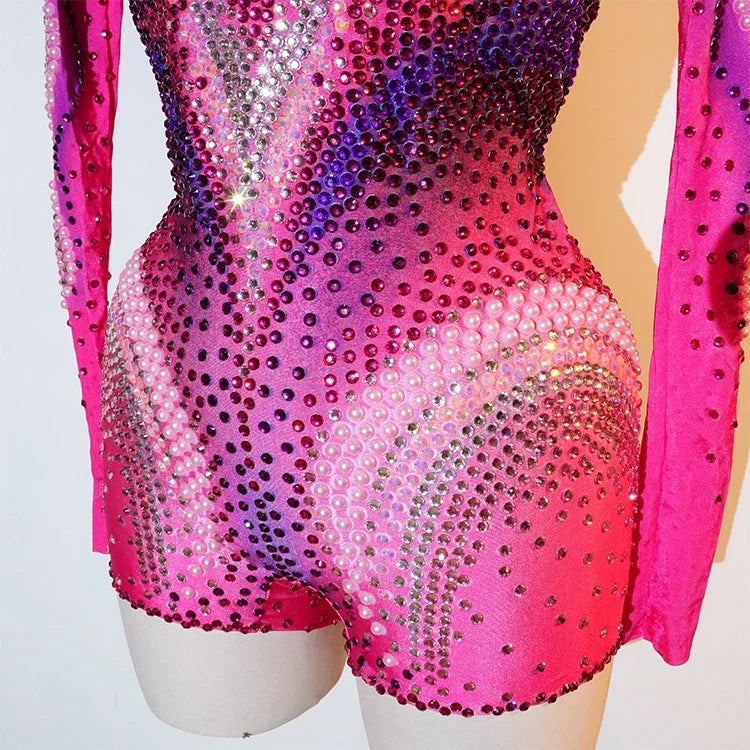 Pink Rhinestone Long-Sleeve Mesh Bodysuit | Stagewear
