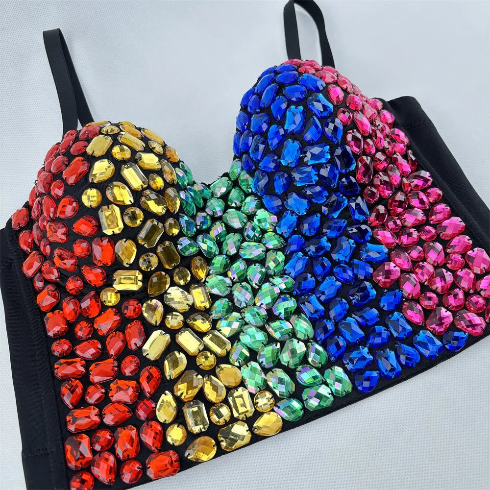 Multicolor Patchwork Rhinestone Bustier Corset Crop Top Stage Costume Bralette