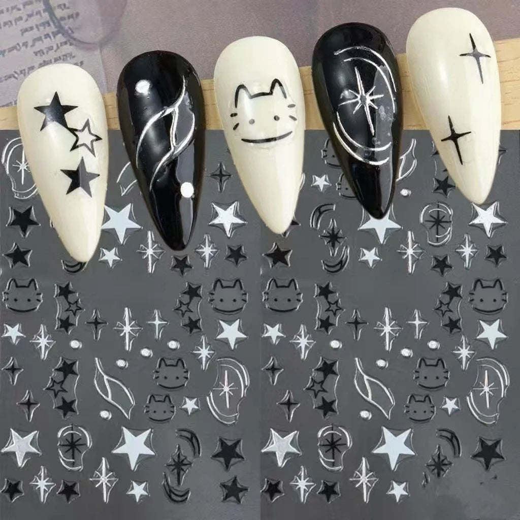 Black Silver Cat Animals Nail Sticker Decals Y2K Charms Cute Dog Cartoon Adhesive Sliders Foils For Manicure Nail Art Decoration