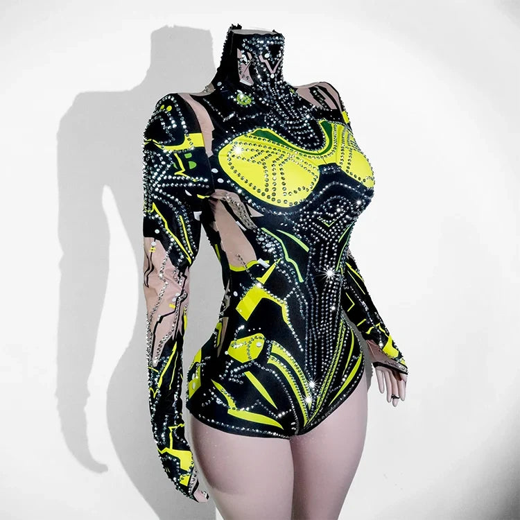 Futuristic Cyber Rhinestone Festival Bodysuit