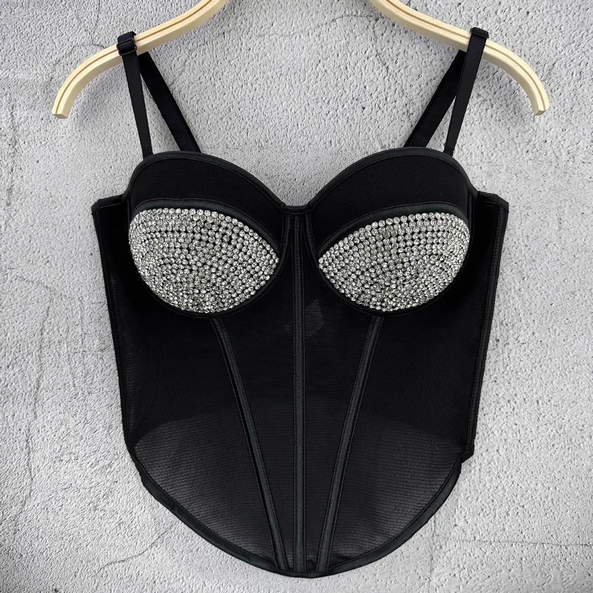 Rhinestone Mesh Denim Bustier Corset Crop Top Push-Up Party Bralette