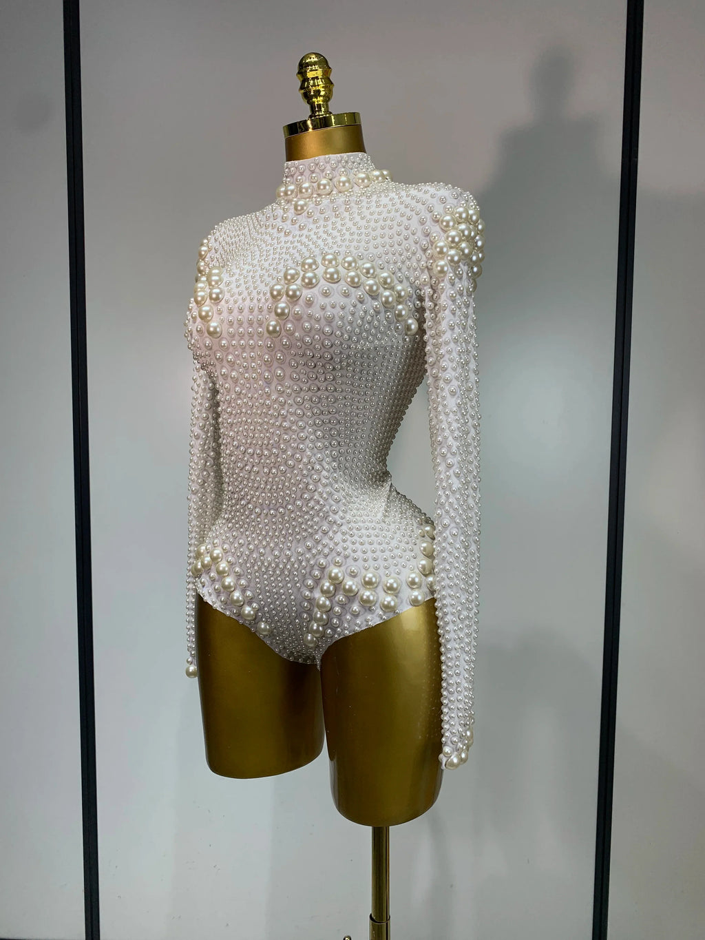 Luxury Pearl Long Sleeve Spandex Stretch Bodysuit Evening Stage Performance Costume