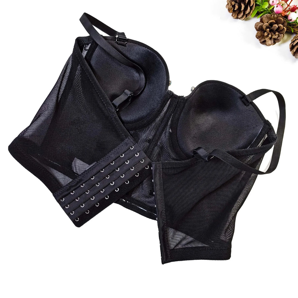 Black Mesh Bustier Corset Crop Top Crystal Embroidered Nightclub Bralette