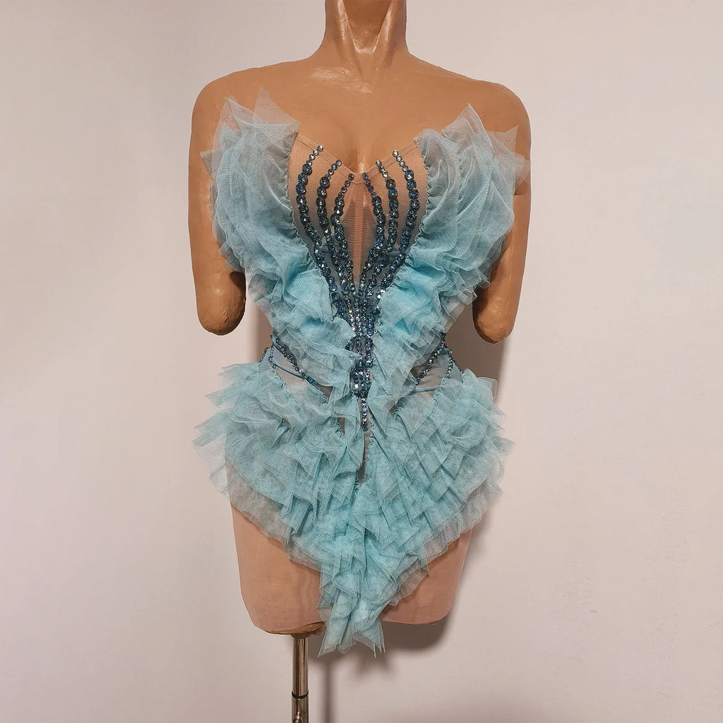Blue Rhinestone Geometric Mini Dress | Sheer Party Dress