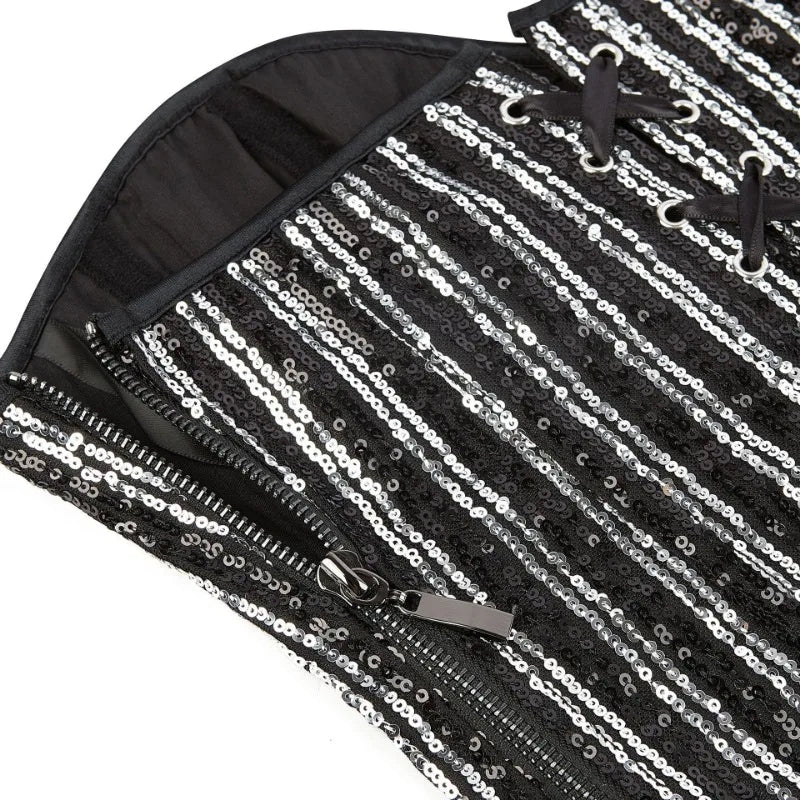 Sequined Striped Overbust Corset Top Lace-Up Plastic Boned Burlesque Bustier