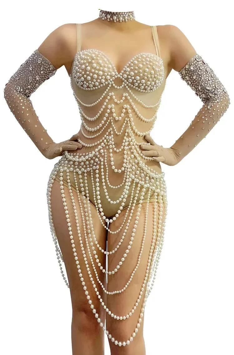 Pearl Body Chain Mesh Catsuit | Long-Sleeve Stagewear