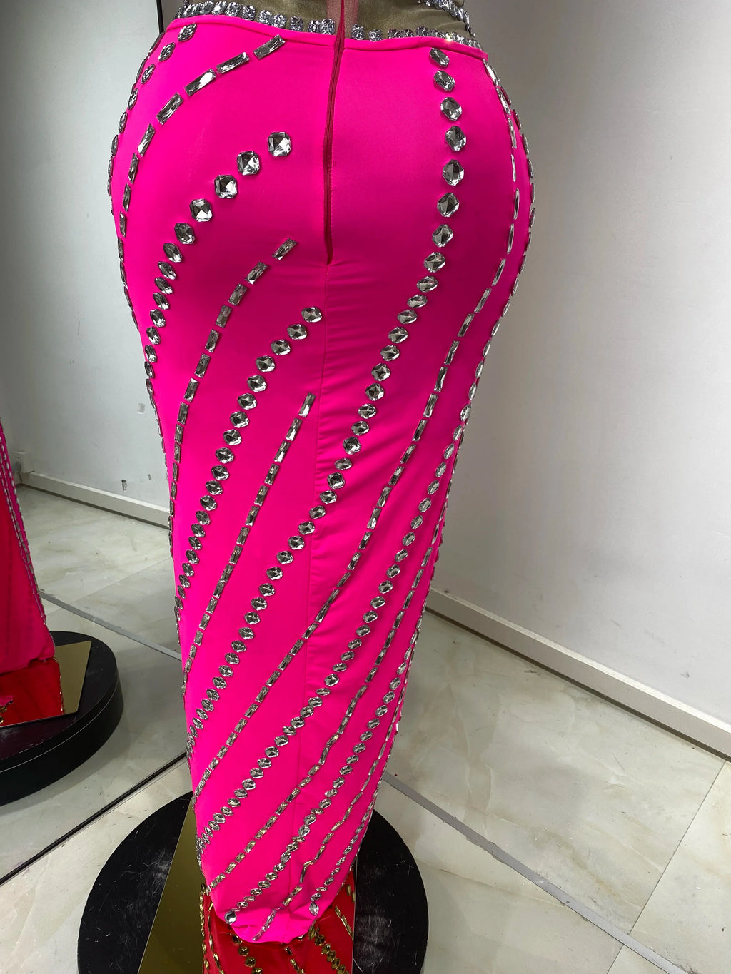 Hot Pink Rhinestone Cutout Maxi Gown
