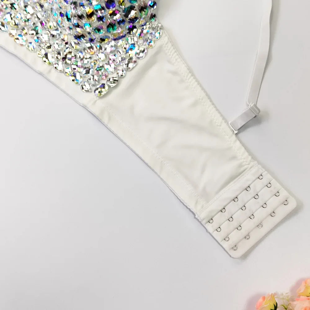 Rhinestone Glitter Bustier Corset Top Hook-and-Eye Nightclub Party Bralette