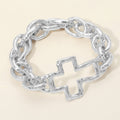 Bold Hammered Metal Open Cross Chunky Chain Stretch Bracelet