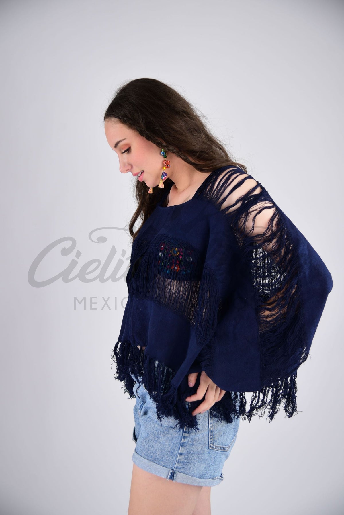Tulum Raw Frayed Poncho Dark Navy