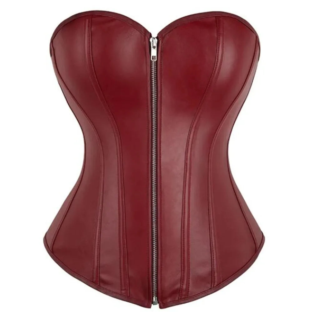 Vintage Overbust Faux Leather Corset Front Zip Lace-Up Steampunk Bustier