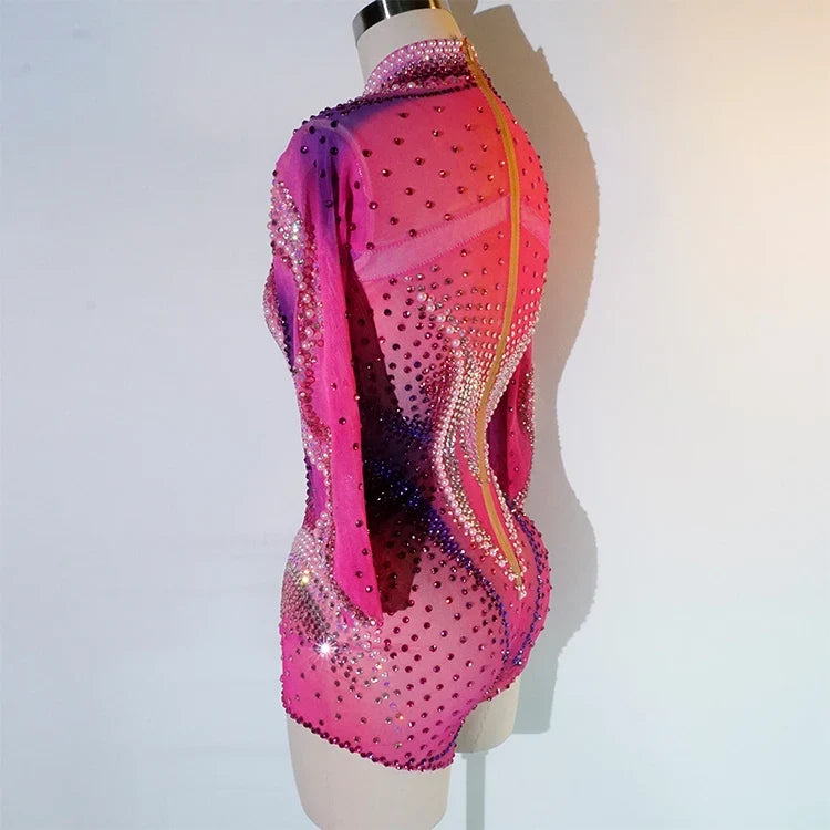 Pink Rhinestone Long-Sleeve Mesh Bodysuit | Stagewear