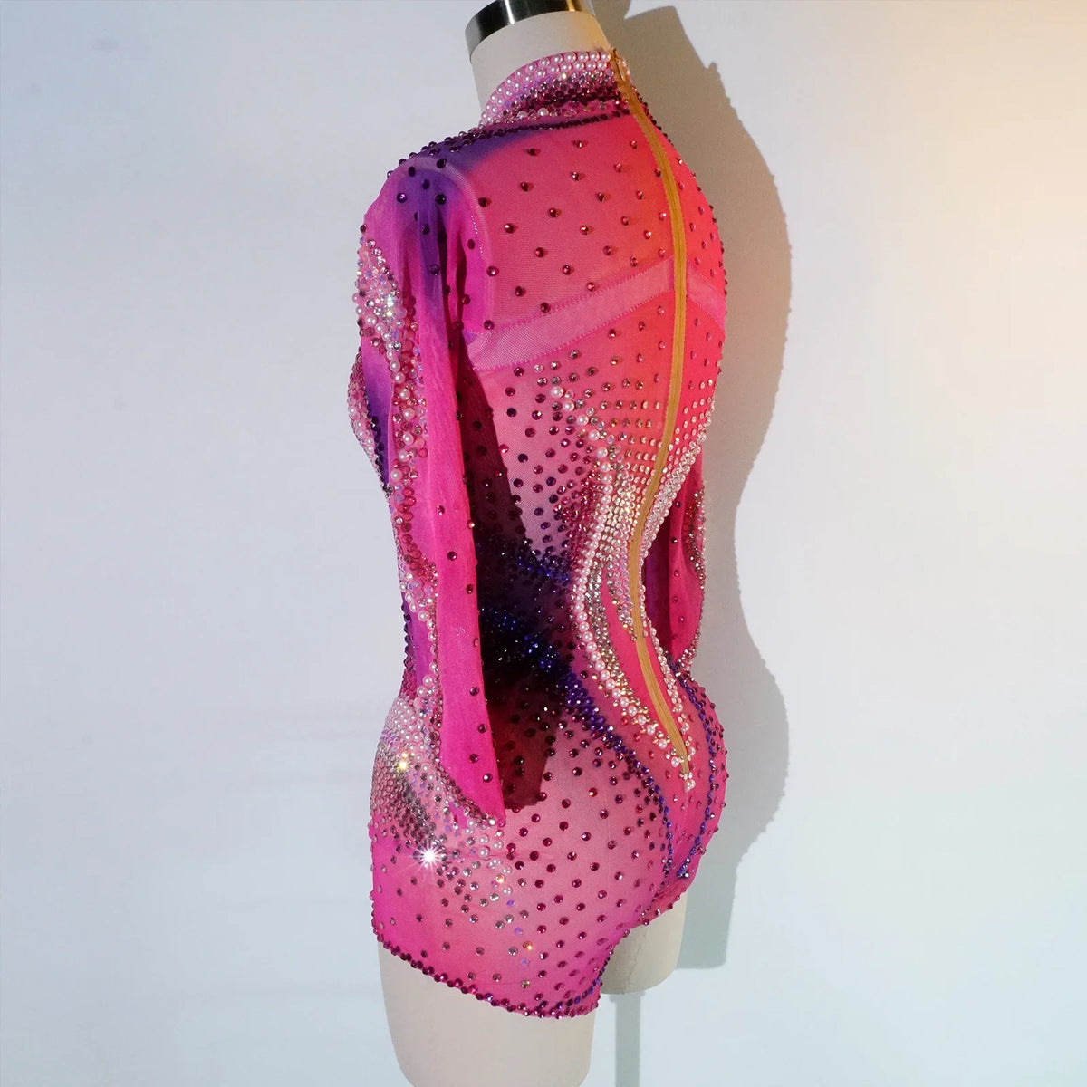 Pink Rhinestone Long-Sleeve Mesh Bodysuit | Stagewear