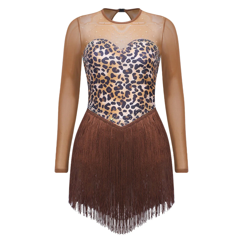 Leopard Print Rhinestone Fringe Bodysuit | Dancewear