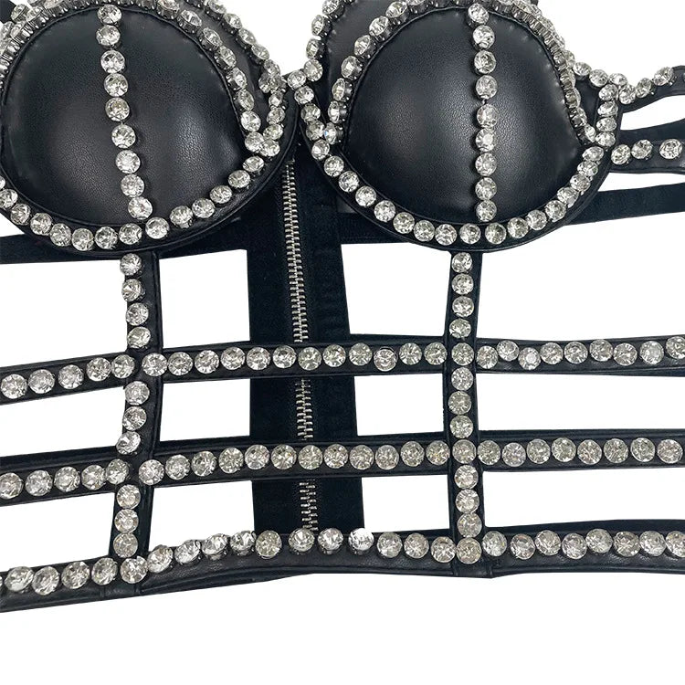 Gothic Studded Faux Leather Bustier Top Cage Strap Party Bralette