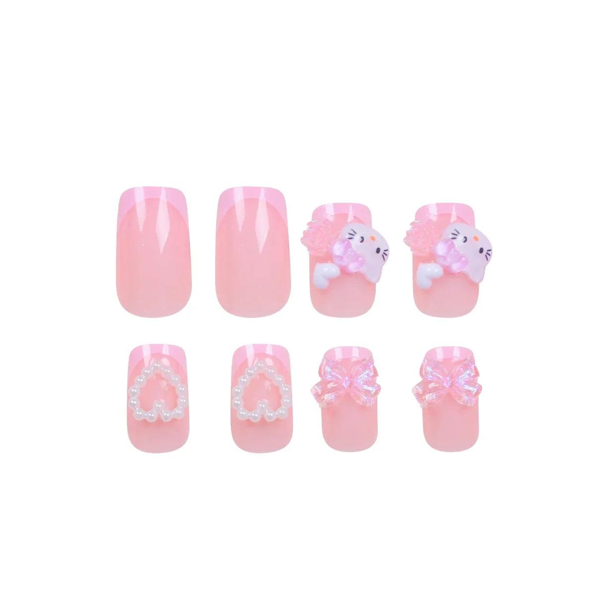 Pink French Bow & Cat Press-On Nails | Square, 24 Pieces