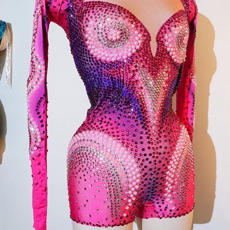 Pink Rhinestone Long-Sleeve Mesh Bodysuit | Stagewear