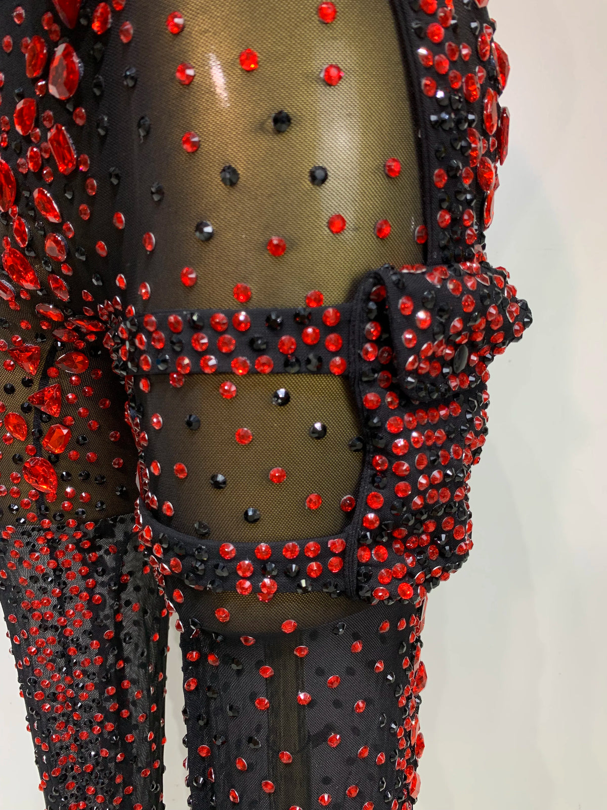 Crimson Diamond Rhinestone Catsuit Sheer Mesh Backless Jumpsuit Stage Costume