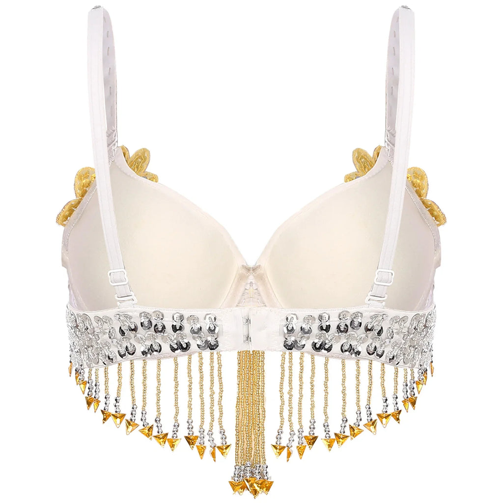Sparkly Floral Beaded Sequin Belly Dance Bra & Tassel Performance Top